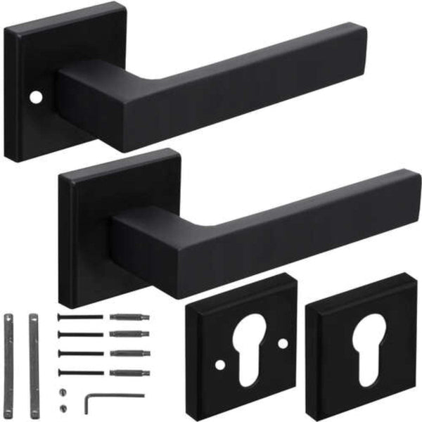 Ruhhy deurklink in matzwarte afwerking, met een vierkant rozet van aluminium. Perfect voor een eigentijds en minimalistisch interieur.